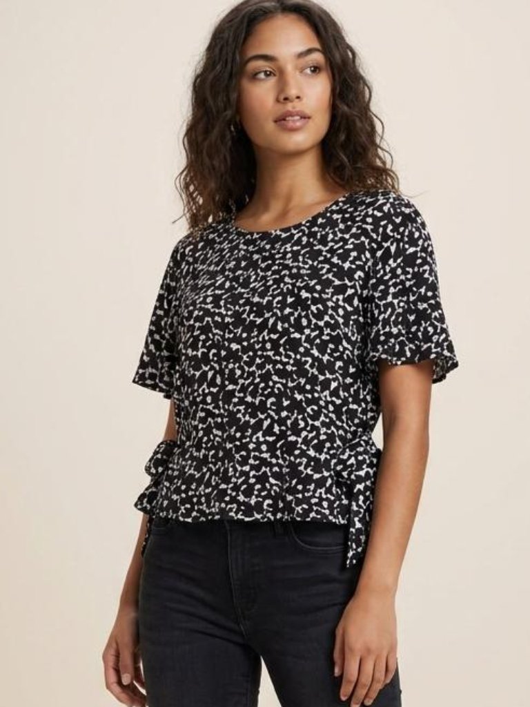 Zara Boutique Black & White Abstract Print Flutter Sleeve Side Tie Blouse Top M